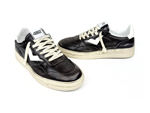 4B12 Men's Black Leather Sneaker with Vintage Effect
