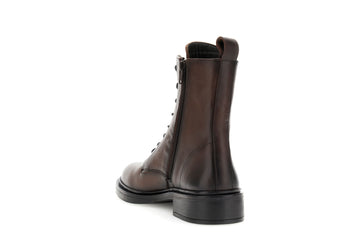CafèNoir Women's Lace-Up Combat Boots in Hammered Leather, Dark Brown