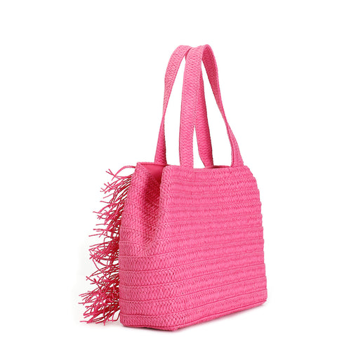 CafèNoir Shopping Bag in Fuxia Raffia with Fringes