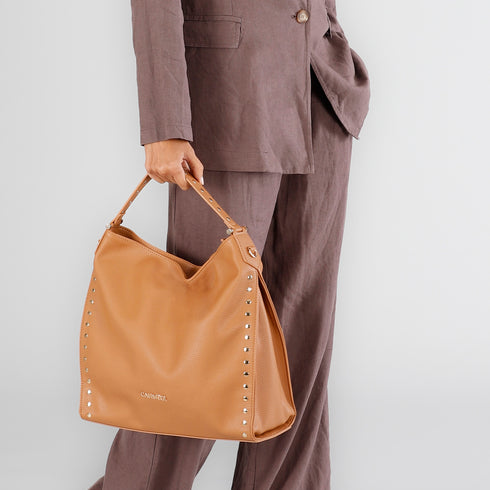 CafèNoir Sacca Morbida Cammello con Applicazione Rivetti