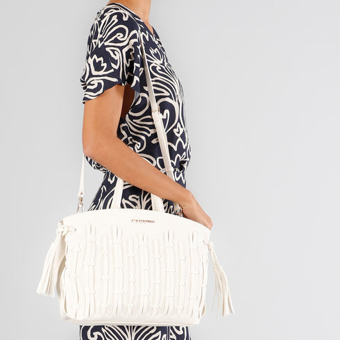 CafèNoir White Tote Bag with Side Knot and Threading