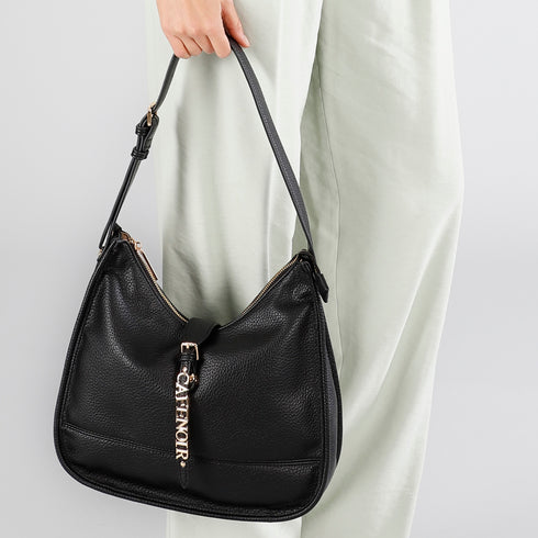 CafèNoir Black Soft Bag with Lettering and Shoulder Strap