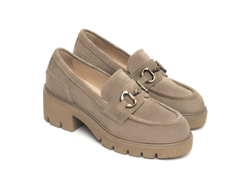 NeroGiardini Women's Chunky Suede Loafers in Beige with Buckle