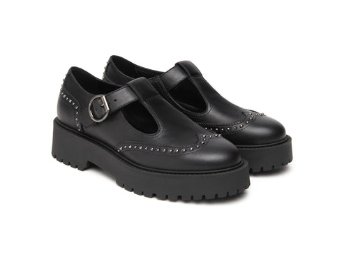NeroGiardini Mary Jane Platform in Black Leather with Studs
