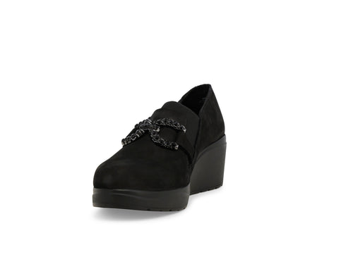 Melluso Black Suede Comfort Loafers with Wedge and Rhinestones