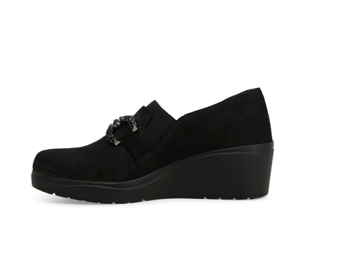 Melluso Black Suede Comfort Loafers with Wedge and Rhinestones