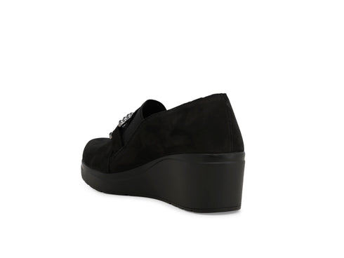 Melluso Black Suede Comfort Loafers with Wedge and Rhinestones