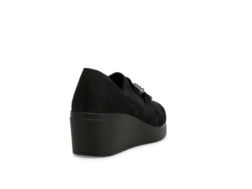 Melluso Black Suede Comfort Loafers with Wedge and Rhinestones