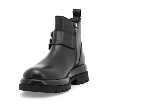 Melluso Women's Black Leather Ankle Boot with Maxi Buckle and Tread