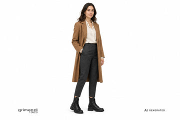 Anfibi NeroGiardini donna indossati con pantaloni in lana antracite, camicia in seta panna e cappotto cammello scuro. Outfit 1
