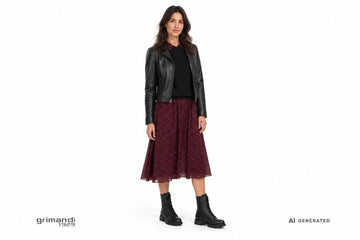 Anfibi NeroGiardini donna indossati con chemisier a microfantasia bordeaux, maglia cashmere nera e giacca in pelle nera. Outfit 2