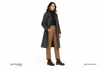 Anfibi NeroGiardini donna indossati con pantaloni in lana cammello, dolcevita cashmere nero e cappotto antracite. Outfit 1