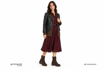 Anfibi NeroGiardini donna indossati con chemisier midi bordeaux, cardigan lavorato fango e giubbotto in pelle nera. Outfit 2