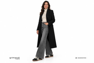 Sneakers Back 70 donna abbinate a jeans flare grigio fumo, dolcevita cashmere panna e cappotto nero lungo. Outfit 2
