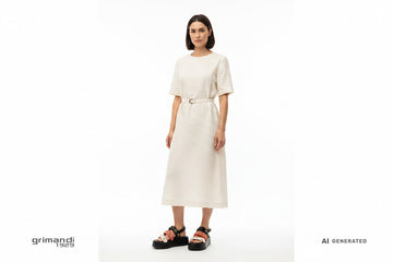 Café Noir C1GD4003W005 Tricolore Trecce Gold Eyelet - Abito Midi Lino Crema Cintura Sottile Ricercato Disinvolto - AI-Generated Model