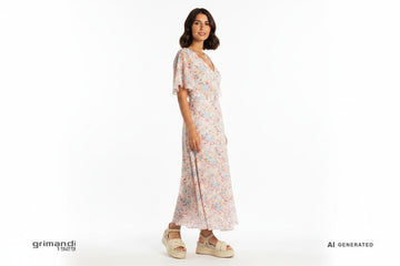 Café Noir C1HH9016M008 Beige Rafia Intrecciata - Abito Lino Sabbia Maxi Floreale Pastello Quotidiano Raffinato - AI-Generated Model