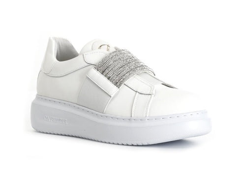 CafèNoir Women's Sneakers Slip-on Elastic Rhinestone Upper Leather