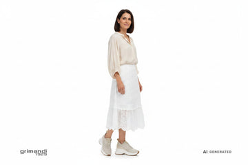 CafeNoir sneaker pelle intrecciata beige platform con charm oro abbinata a gonna midi sangallo bianco a balze e blusa fluida per look casual-chic estivo - AI-Generated Model
