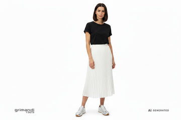 CafeNoir Jeans sneaker pelle laminata argento crinkled retro runner suola bianca abbinata a gonna midi pieghe bianca e t-shirt nera minimalista per outfit fresco contemporaneo - AI-Generated Model