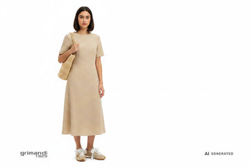 CafeNoir sneaker suede beige traforata charms oro pizzo perle abito midi beige borsa paglia estate - AI-Generated Model