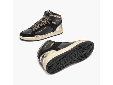 Crime London Chelsea High Top Sneaker in Black, Gold and Animal Print
