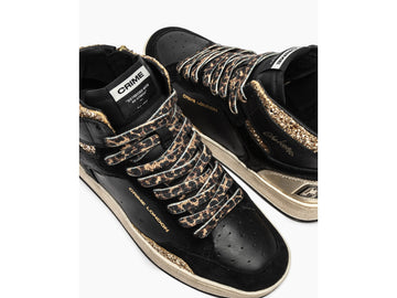 Crime London Chelsea High Top Sneaker in Black, Gold and Animal Print
