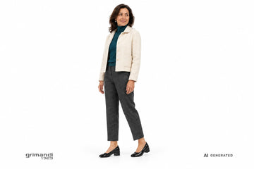 Décolleté Valleverde donna indossate con pantaloni cropped in flanella grigio fumo, dolcevita ottanio e giacca panna. Outfit 1
