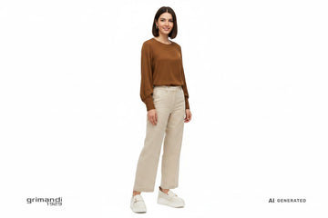 CafeNoir mocassino platform bianco pelle nappa accessorio oro cognac pantalone palazzo lino sabbia blusa marrone - AI-Generated Model