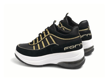 Fornarina Sneakers UP Laces Wedge Suede Fabric Black Gold