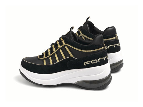 Fornarina Sneakers UP Laces Wedge Suede Fabric Black Gold
