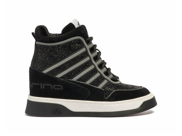 Fornarina Sneaker Daisy Alta Nera con Zeppa e Strass