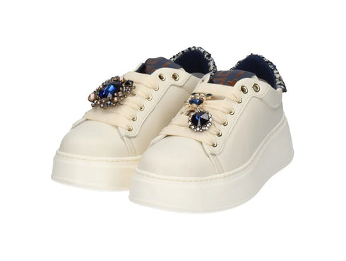 GIO+ Sneakers Donna PIA424 Pelle Panna con Gioielli e Dettagli Tweed