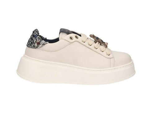 Sneakers Donna GIO+ in Pelle Panna con Gioielli e Dettagli Tweed A/I PIA424A