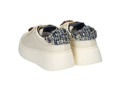 GIO+ Sneakers Donna PIA424 Pelle Panna con Gioielli e Dettagli Tweed