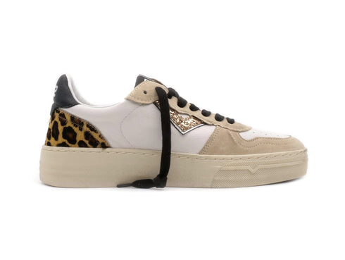 4B12 Sneakers Donna Hyper Animalier e Glitter Tomaia Pelle Bianco Beige