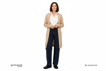 Melluso slip-on pelle nappa nera vernice crinkle cap-toe brogue zeppa Outfit eleganza informale jeans gamba ampia blu notte camicia twill panna cardigan cashmere sabbia - AI-Generated Model