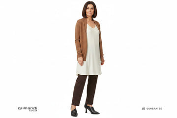 Outfit 1 Autunno Inverno – Tunica jersey satinato crema con pantaloni cady cioccolato fondente e cardigan lana nocciola