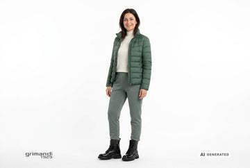 Anfibi Melluso donna indossati con giacca trapuntata verde bosco, maglia merino panna e pantaloni jersey salvia. Outfit 1
