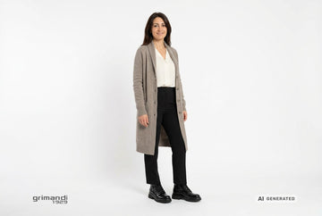 Anfibi Melluso donna indossati con cardigan lana e cashmere greige, sottogiacca avorio e pantaloni stretch neri. Outfit 2