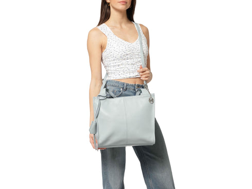 Melluso Light Blue Leather Shopping Bag with Triple Compartment