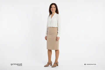 Decollete Melluso donna indossate con blusa fluida in cady viscosa panna e gonna tubino sotto al ginocchio in crepe sabbia. Outfit 2