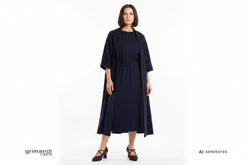 Melluso décolleté camoscio marrone cioccolato Outfit minimal elegance abito midi maglia lana navy maniche pipistrello cappotto lungo panno - AI-Generated Model