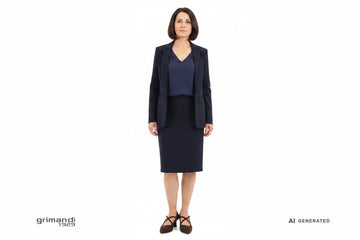 Melluso décolleté camoscio marrone cioccolato Outfit formale blusa cady viscosa blu notte gonna tubino crepe blazer strutturato - AI-Generated Model