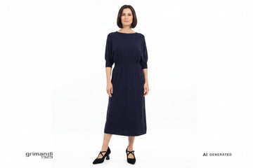 Melluso decollete camoscio nero cinturini incrociati fibbie argento Outfit minimal elegance abito midi maglia lana navy maniche pipistrello - AI-Generated Model