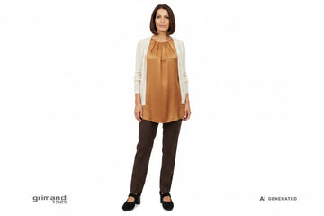 Outfit 1 Autunno Inverno – Tunica jersey satinato cammello con pantaloni cady cioccolato e cardigan crema
