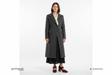 Outfit 2 Stile Sartoriale Cerimonia – Mary Jane camoscio bordeaux cinturino fibbia rettangolare gunmetal con cappotto sartoriale lana grigio antracite sottogiacca drappeggiato panna e gonna lunga cady nero con spacco
