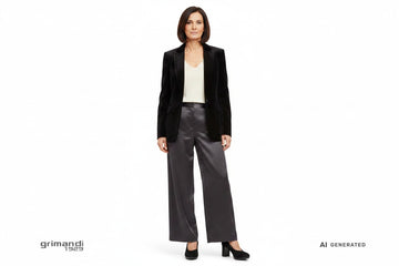 Outfit 1 Autunno Inverno – Blazer tuxedo velluto nero con maglia viscosa panna e pantaloni palazzo satin antracite