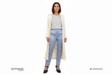 Outfit 1 Sera Informale – Tunica fluida grigio perla con pantaloni dritti cady azzurro polvere e soprabito seta panna