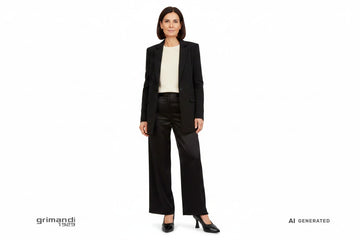 Outfit 2 Eleganza Sobria – Blazer destrutturato nero con maglia viscosa panna e pantaloni palazzo satin nero