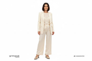 Outfit 1 Autunno Inverno – Blazer destrutturato panna con maglia viscosa avorio e pantaloni palazzo satin crema